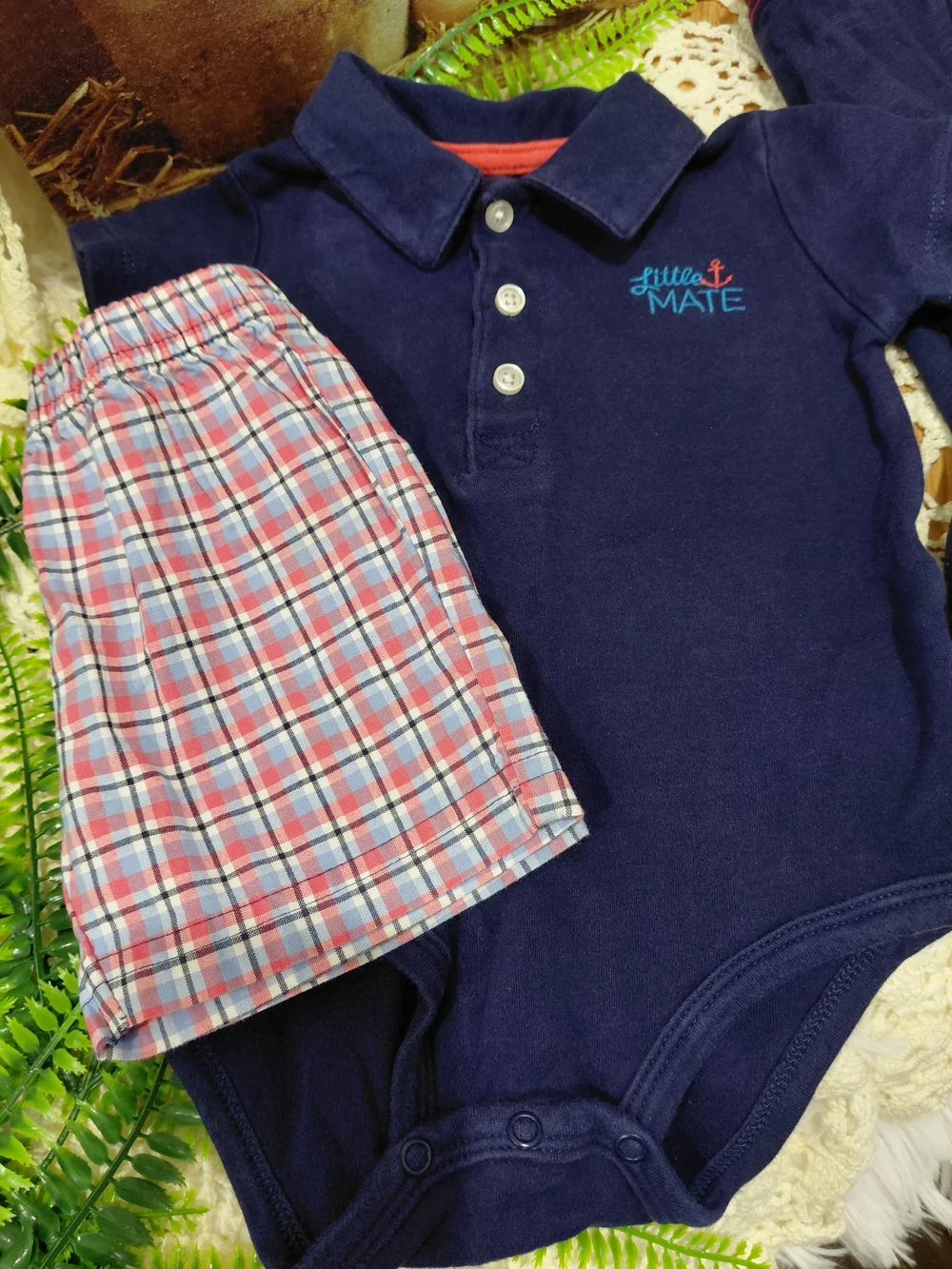 Little Mate Navy & Khaki  Matching Set — Polo with Plaid and Khaki Shorts #0928